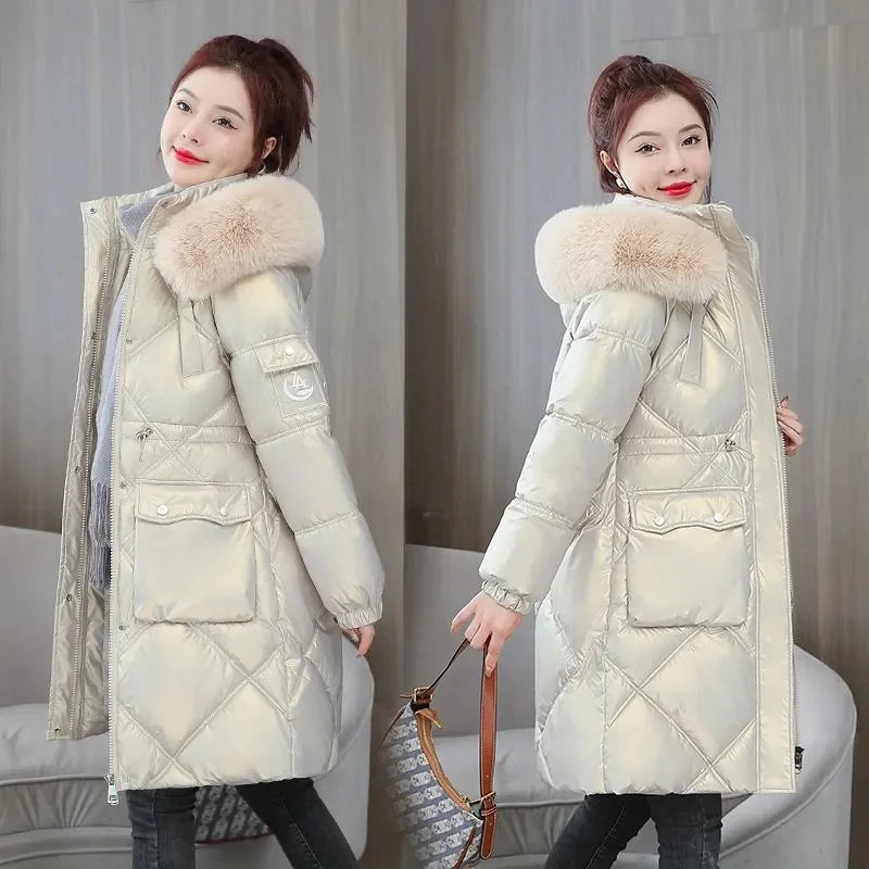 샴페인 여성 롱 패딩 파카 퍼 후드 코트 (Champagne Women Winter Long Puffer Parka with Fur Hood)