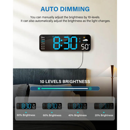 대형 LED 디지털 벽시계 블루 리모컨 포함 (Large LED Digital Wall Clock Blue with Remote)