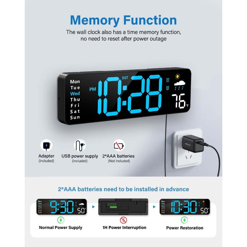 대형 LED 디지털 벽시계 블루 리모컨 포함 (Large LED Digital Wall Clock Blue with Remote)