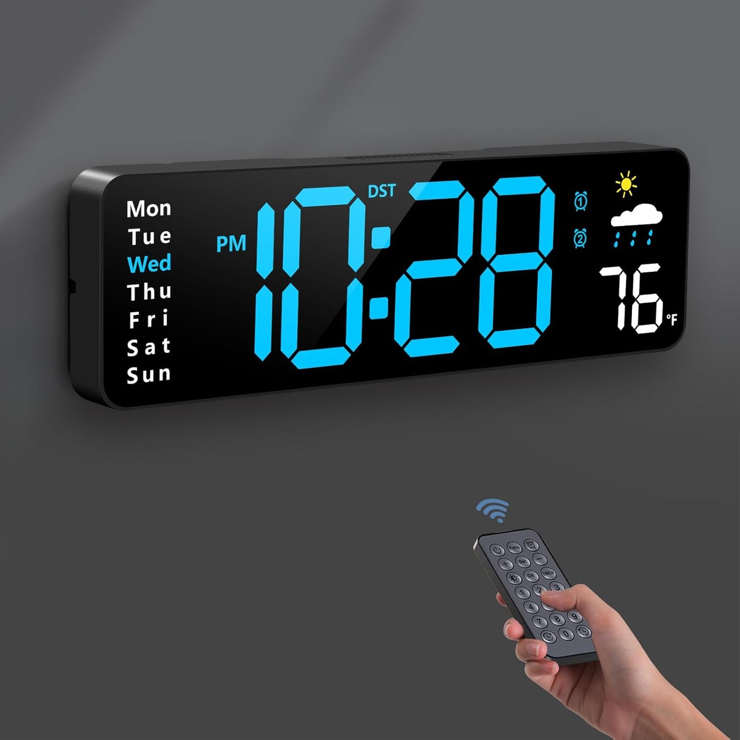대형 LED 디지털 벽시계 블루 리모컨 포함 (Large LED Digital Wall Clock Blue with Remote)