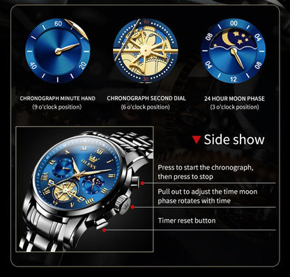 OLEVS Men's Big Face Luxury Quartz Watch 41mm Stainless Steel | Waterproof Luminous
