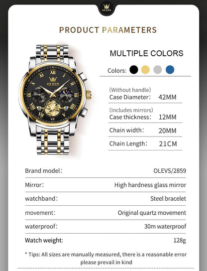 OLEVS Men's Big Face Luxury Quartz Watch 41mm Stainless Steel | Waterproof Luminous