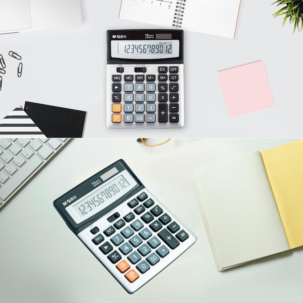 M&G 12자리 데스크 계산기 대형 LCD 듀얼 전원 블랙