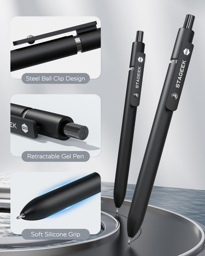 STAGEEK Black Gel Pen Set Fine Point Smooth Writing Pens 6 + 3 Refills 
