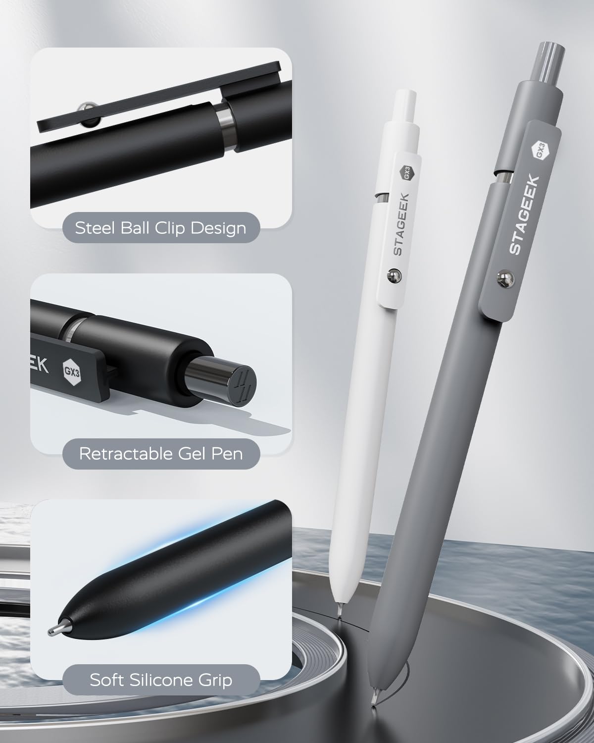 STAGEEK Black Gel Pen Set Fine Point Smooth Writing Pens 6 + 3 Refills 