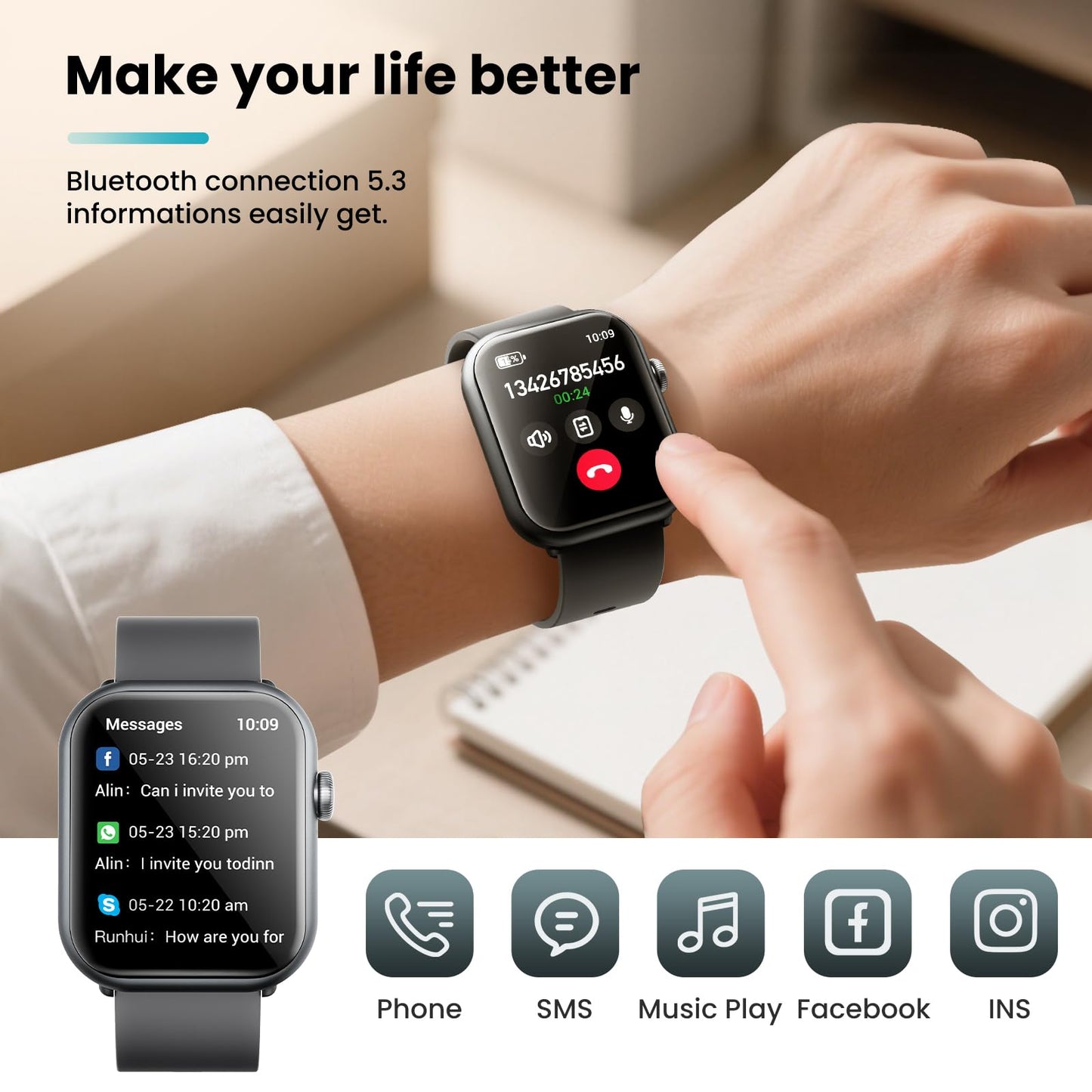 HOMOGO K77 1.83-inch smartwatch, 1000mAh large-capacity battery, black 