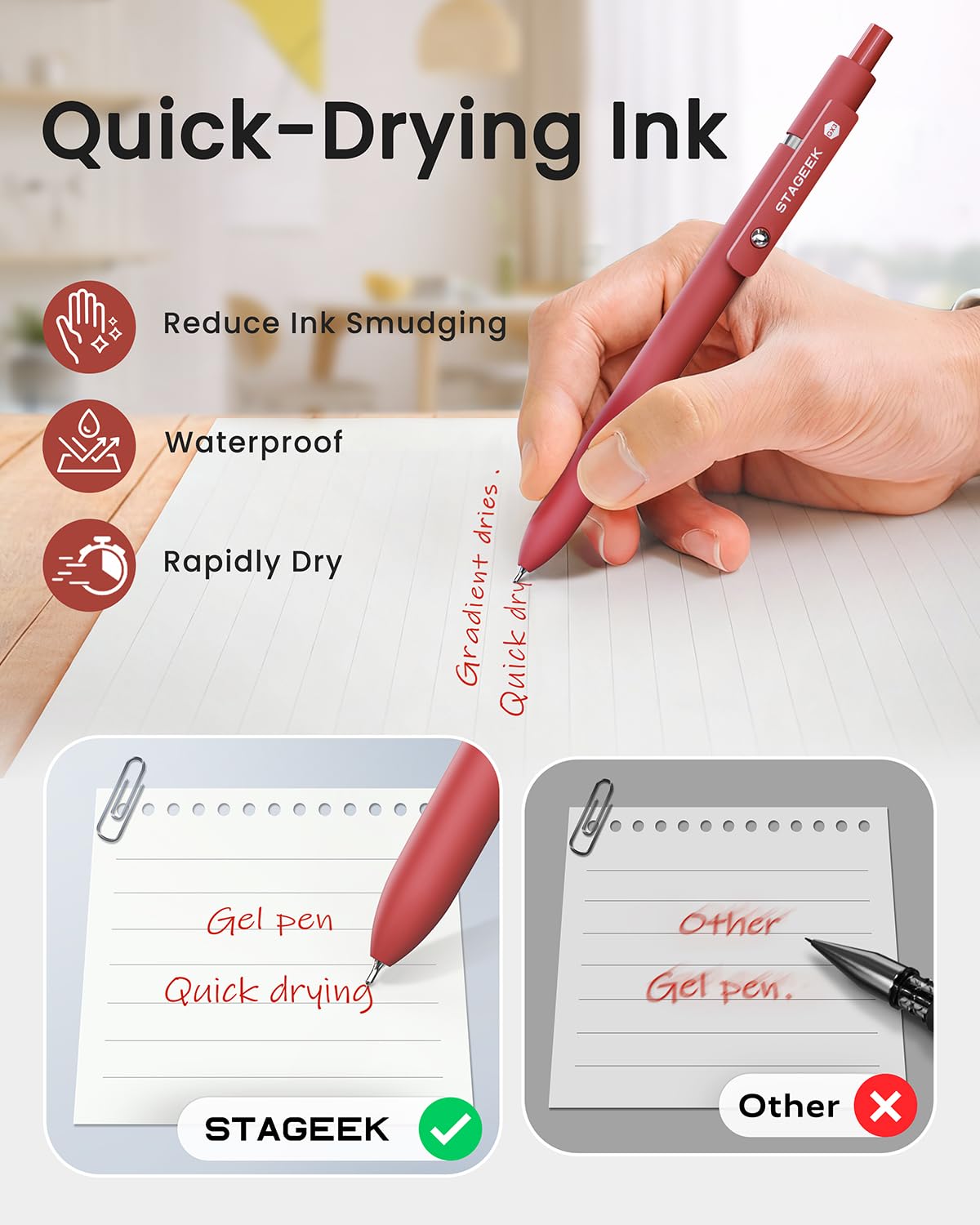 STAGEEK Black Gel Pen Set Fine Point Smooth Writing Pens 6 + 3 Refills 