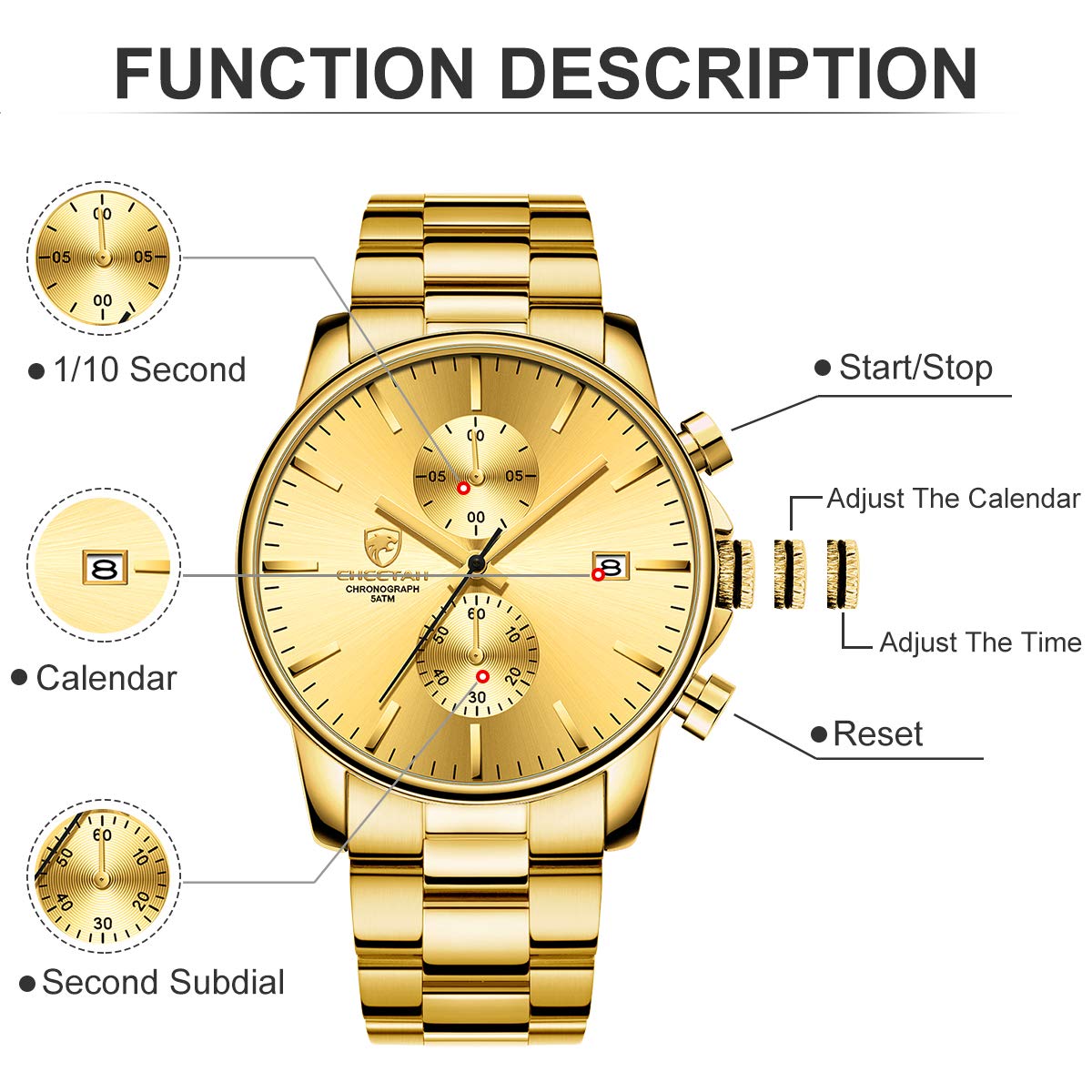 골든 아워 남성용 크로노그래프 스테인리스 쿼츠 시계 42mm | GOLDEN HOUR Business Watch