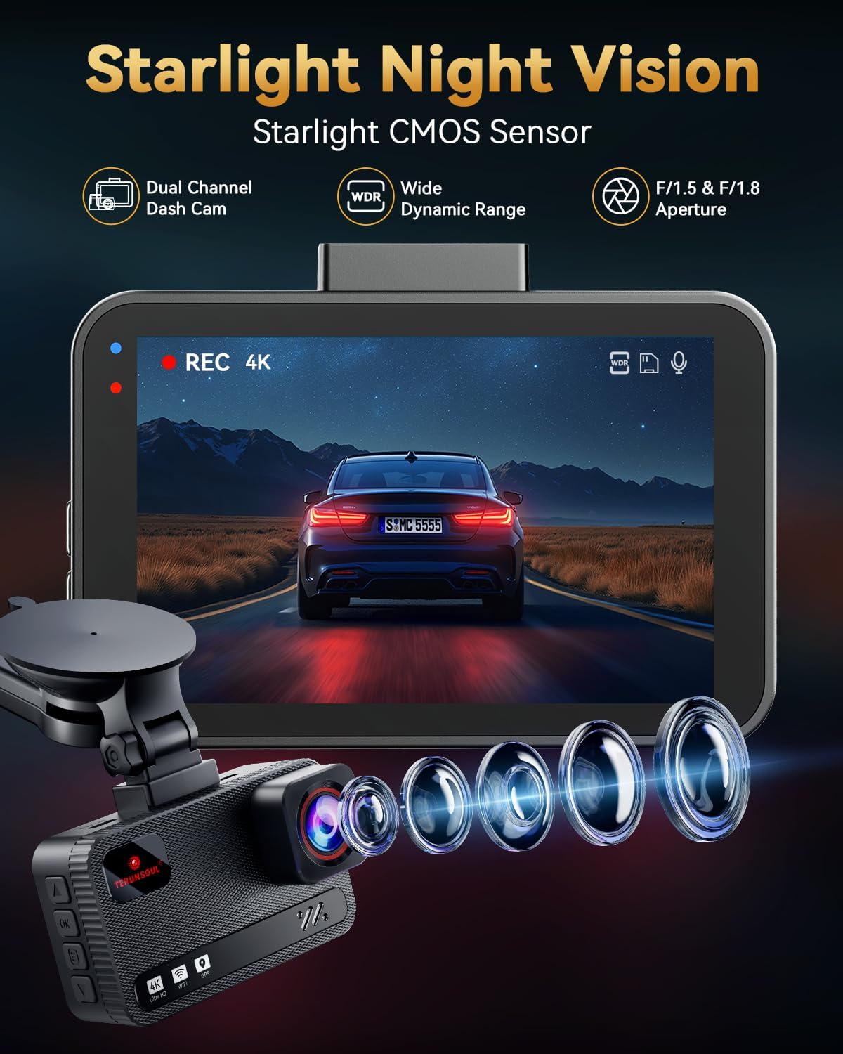 TERUNSOUL 4K+4K 전후방 블랙박스 GPS 내장 차량용 대시캠 128GB 포함