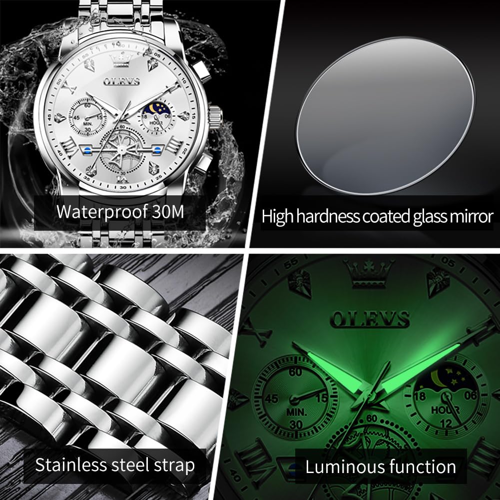 OLEVS Men's Big Face Luxury Quartz Watch 41mm Stainless Steel | Waterproof Luminous