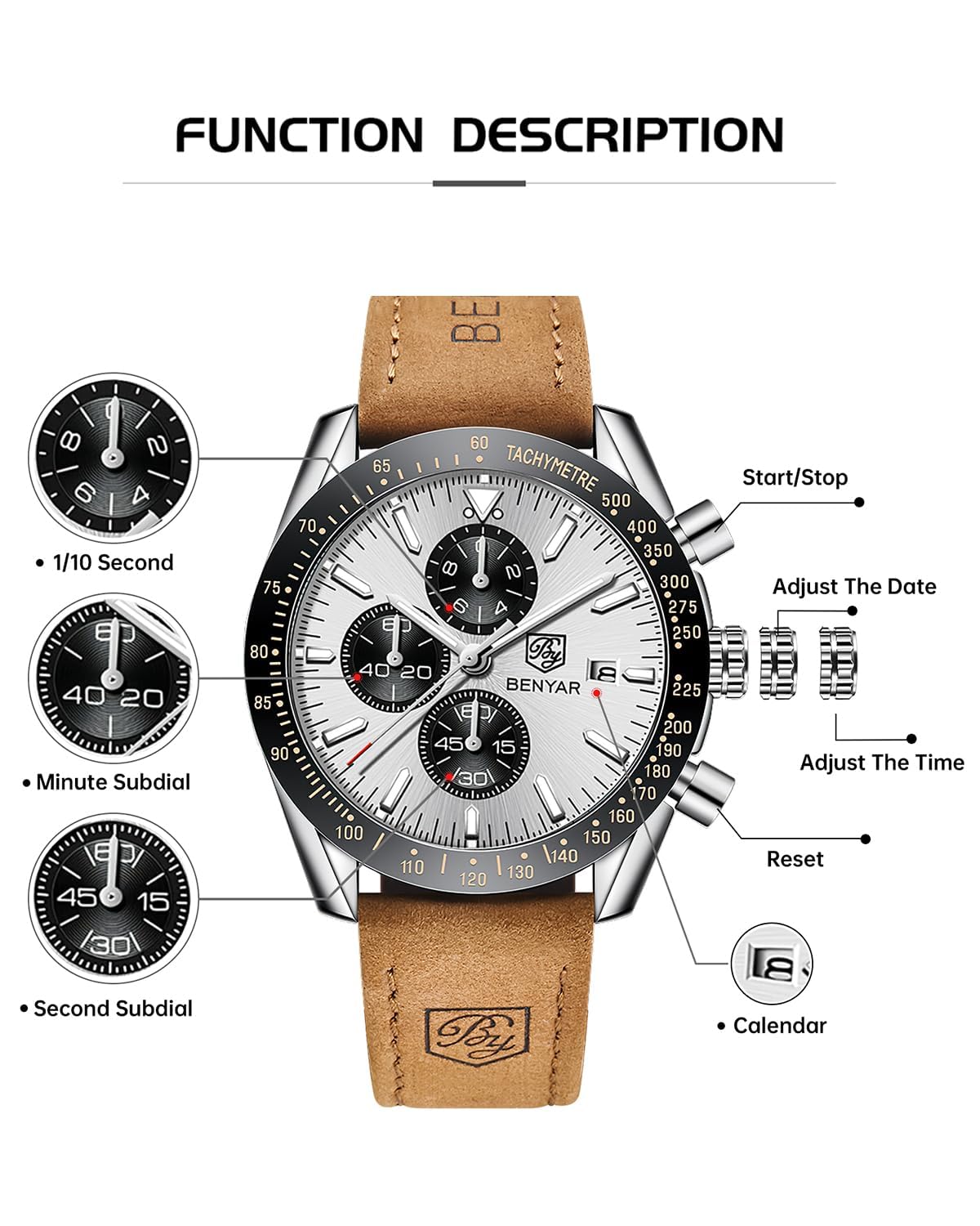 BY BENYAR Men's 45mm Chronograph Quartz Watch | Silicone Strap, Water Resistant