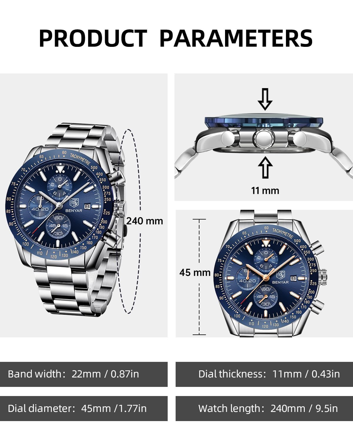 BY BENYAR Men's 45mm Chronograph Quartz Watch | Silicone Strap, Water Resistant