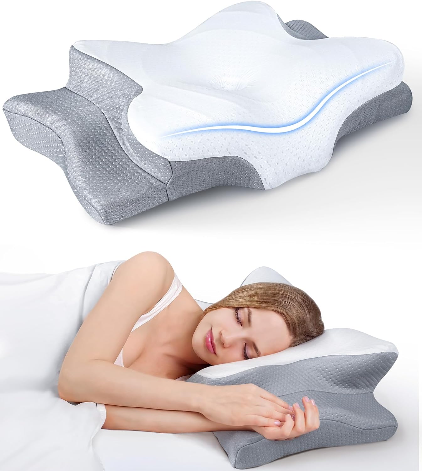 쿨링 경추 지지 메모리폼 베개 목 지지 인체공학 베개 전시 이미지 / Cooling cervical support memory foam pillow ergonomic contour display image