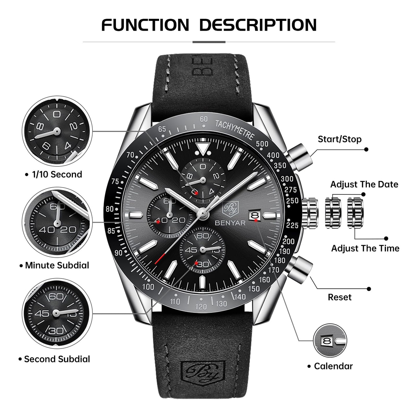 BY BENYAR Men's 45mm Chronograph Quartz Watch | Silicone Strap, Water Resistant