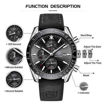 BY BENYAR Men's 45mm Chronograph Quartz Watch | Silicone Strap, Water Resistant