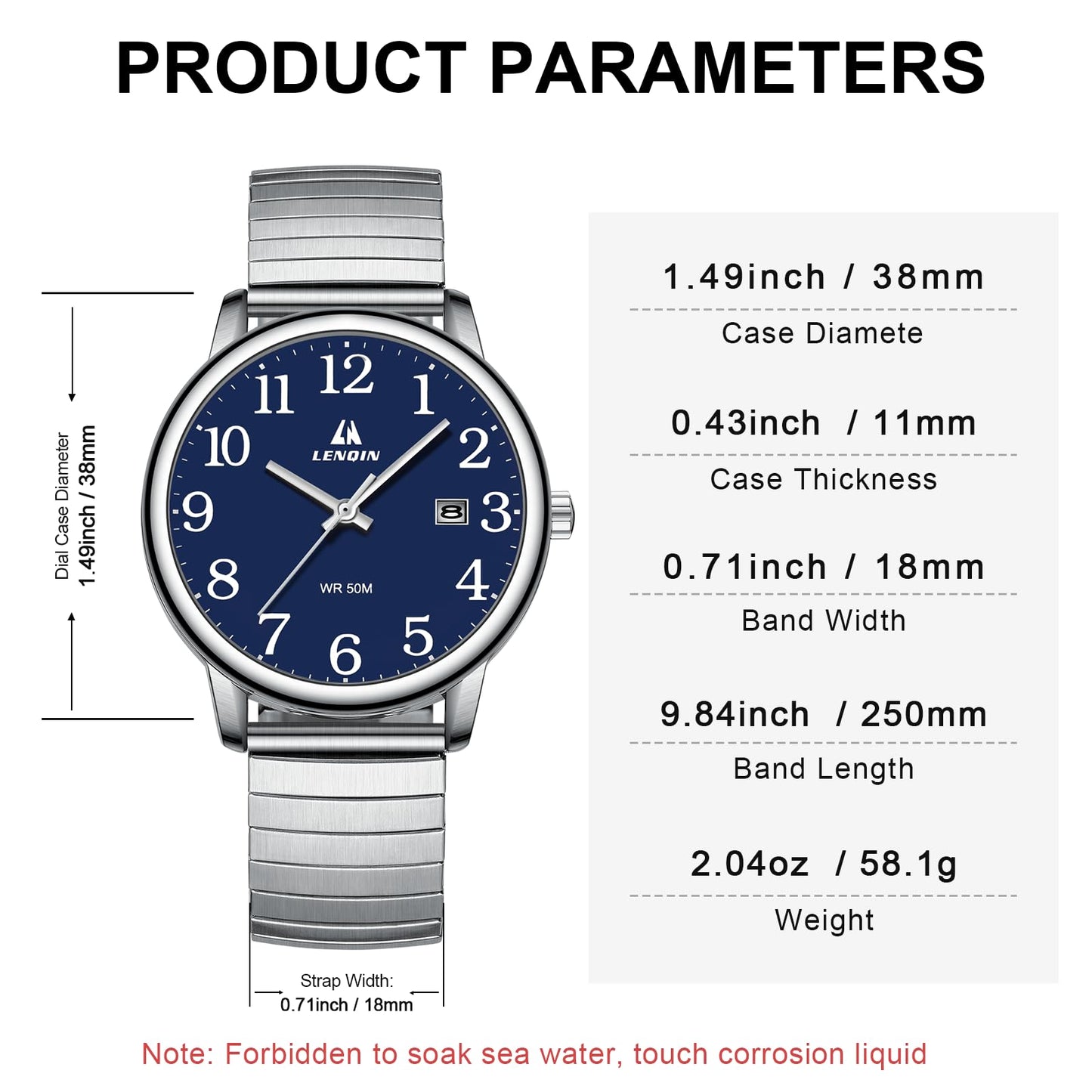 엘엔 렌친 남성용 38mm 스테인리스 쿼츠 시계 확장 밴드 | LN LENQIN Men’s Analog Watch