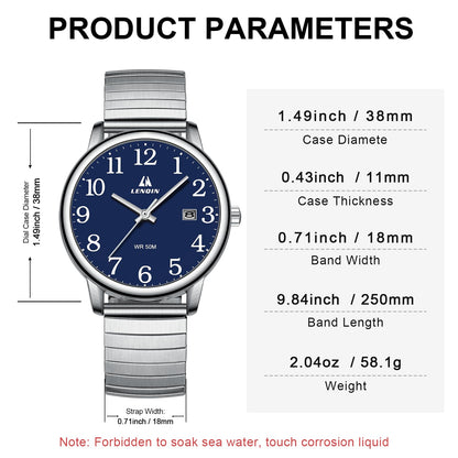 엘엔 렌친 남성용 38mm 스테인리스 쿼츠 시계 확장 밴드 | LN LENQIN Men’s Analog Watch