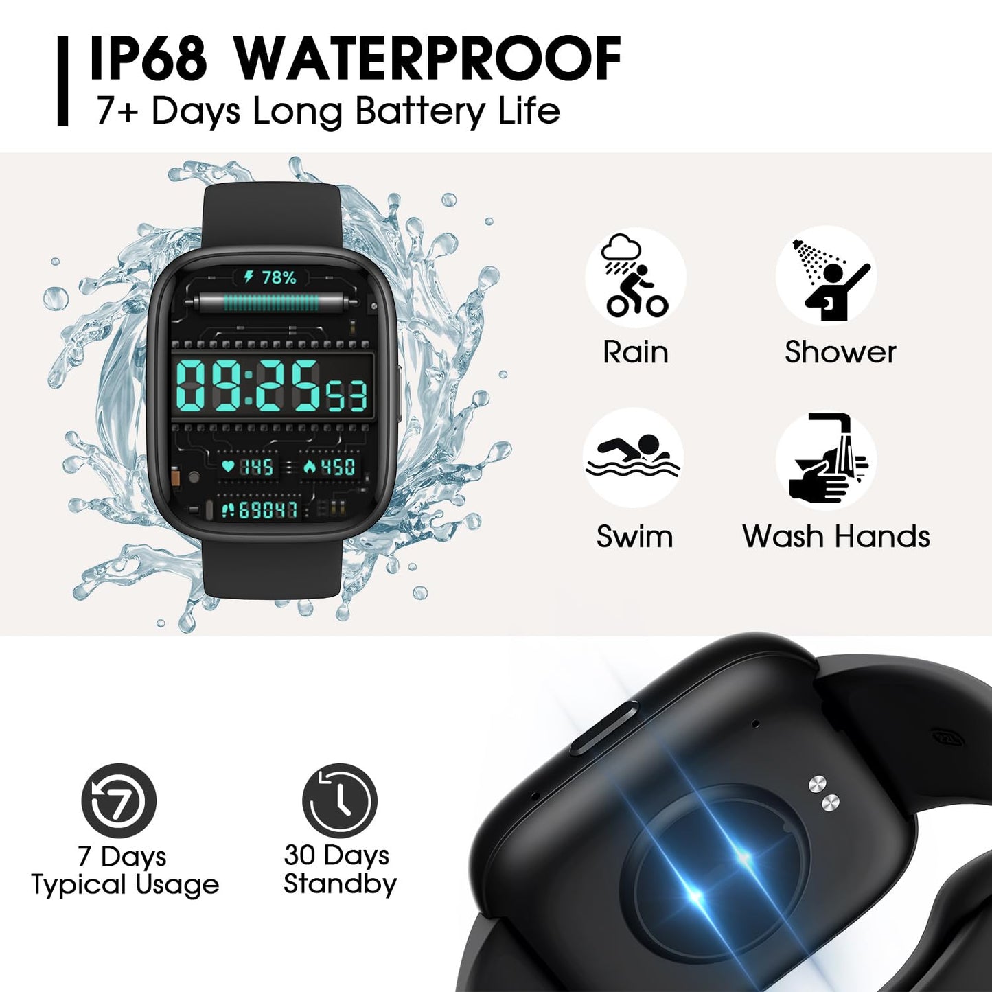 토르잘프 1.83인치 블루투스 스마트워치 IP68 블랙 | Torjalph Fitness Smart Watch