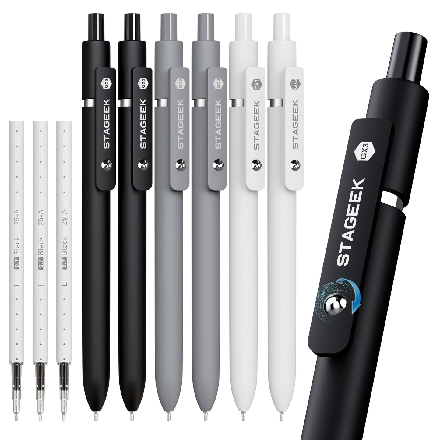 STAGEEK Black Gel Pen Set Fine Point Smooth Writing Pens 6 + 3 Refills 