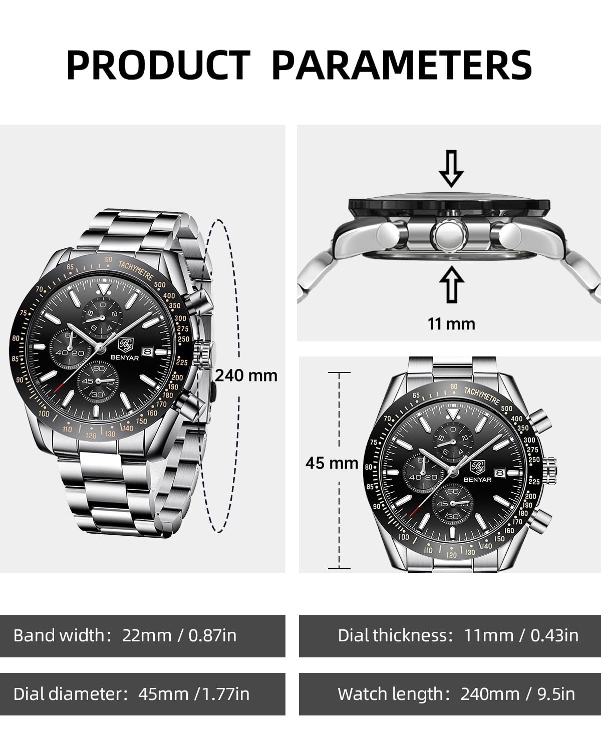 BY BENYAR Men's 45mm Chronograph Quartz Watch | Silicone Strap, Water Resistant