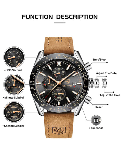 BY BENYAR Men's 45mm Chronograph Quartz Watch | Silicone Strap, Water Resistant