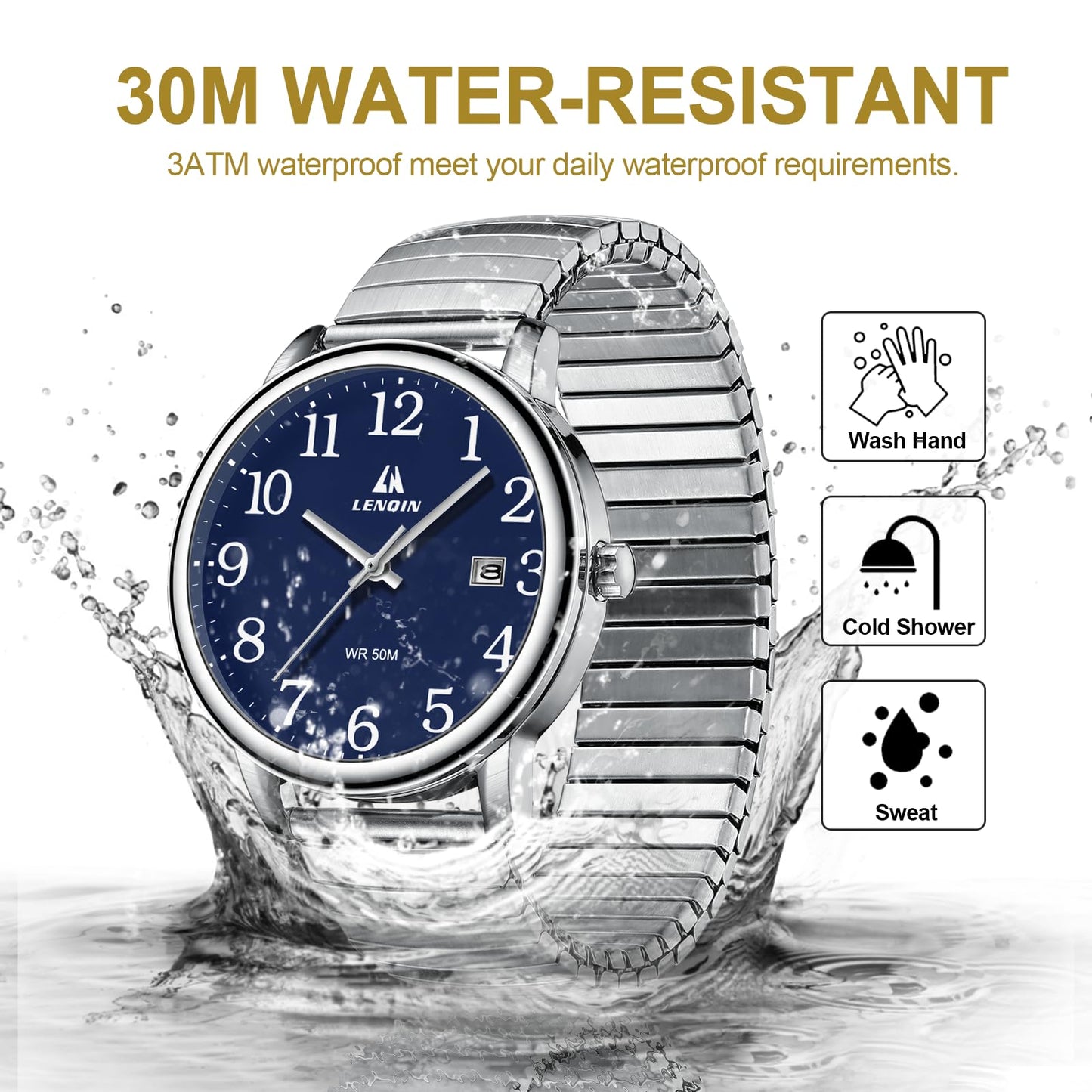 엘엔 렌친 남성용 38mm 스테인리스 쿼츠 시계 확장 밴드 | LN LENQIN Men’s Analog Watch