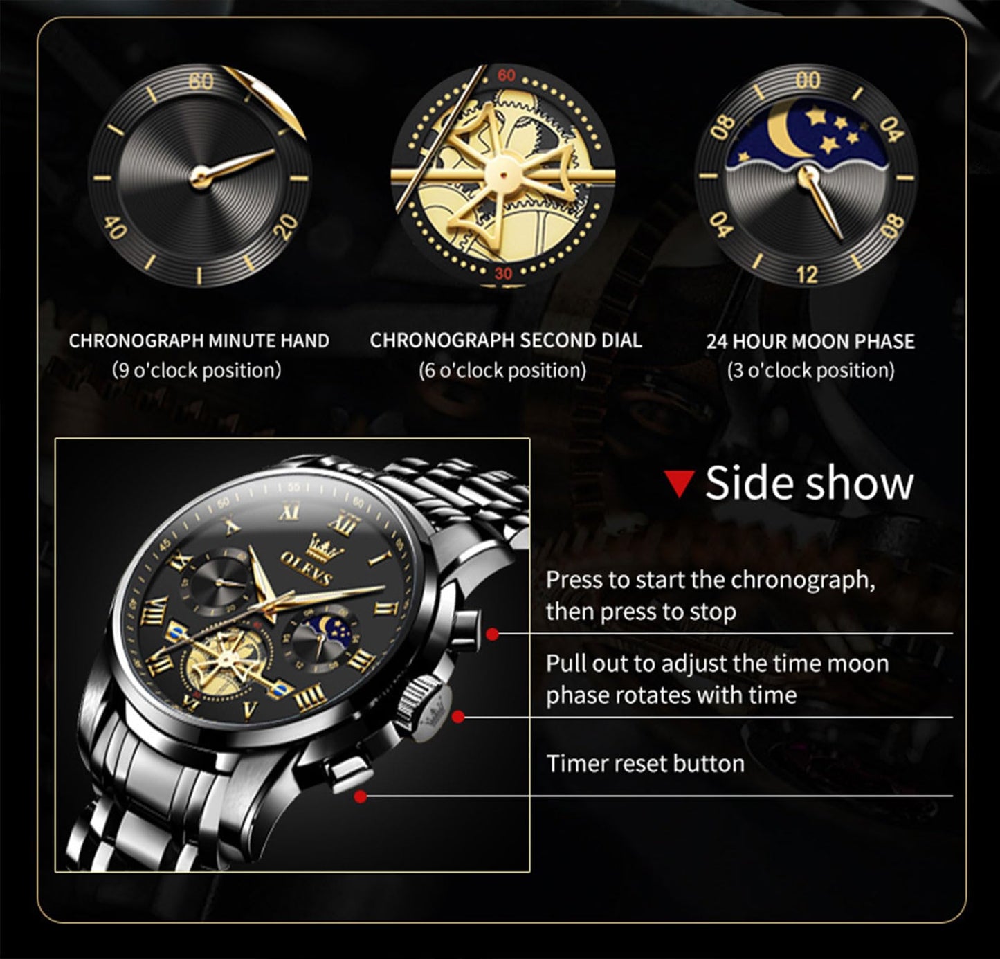 OLEVS Men's Big Face Luxury Quartz Watch 41mm Stainless Steel | Waterproof Luminous