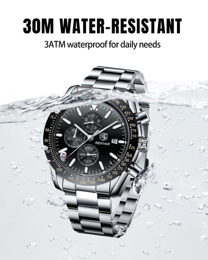 BY BENYAR Men's 45mm Chronograph Quartz Watch | Silicone Strap, Water Resistant