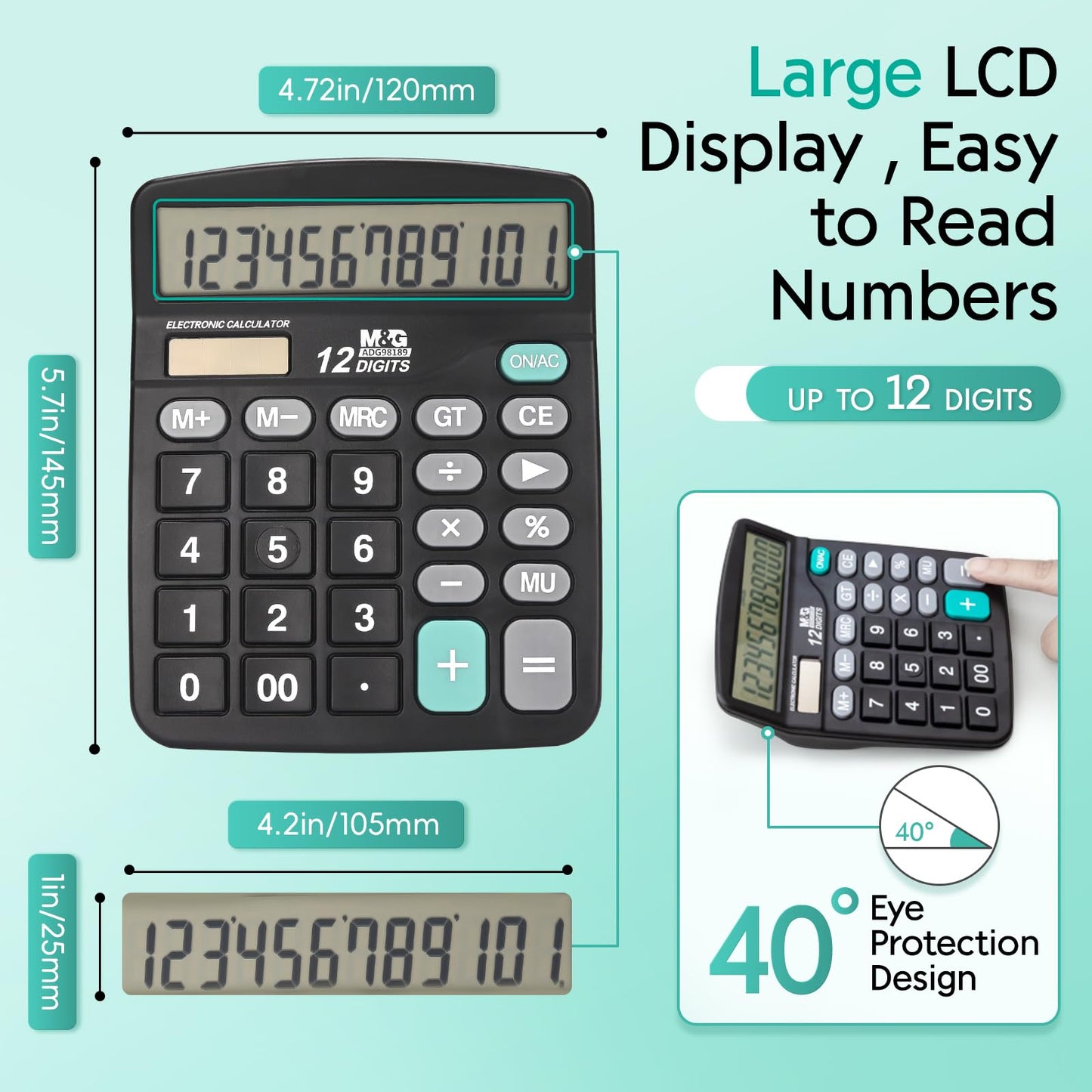 M&G 12자리 데스크 계산기 대형 LCD 듀얼 전원 블랙