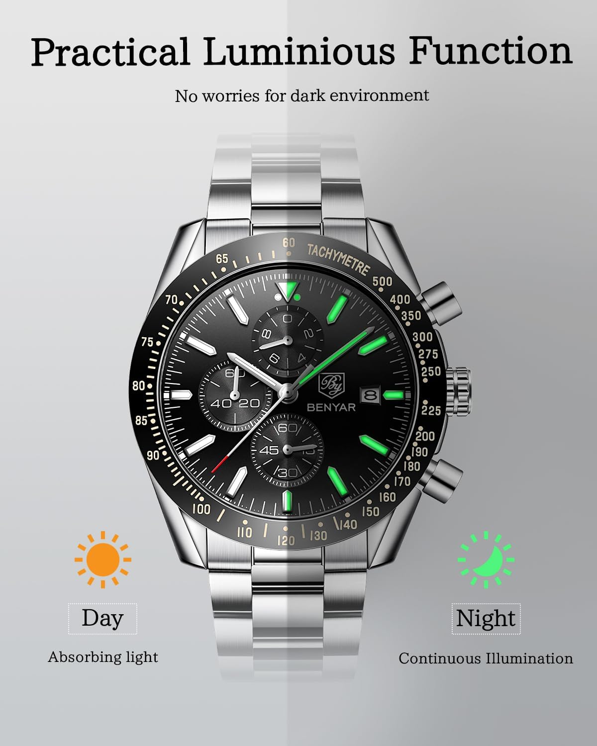 BY BENYAR Men's 45mm Chronograph Quartz Watch | Silicone Strap, Water Resistant