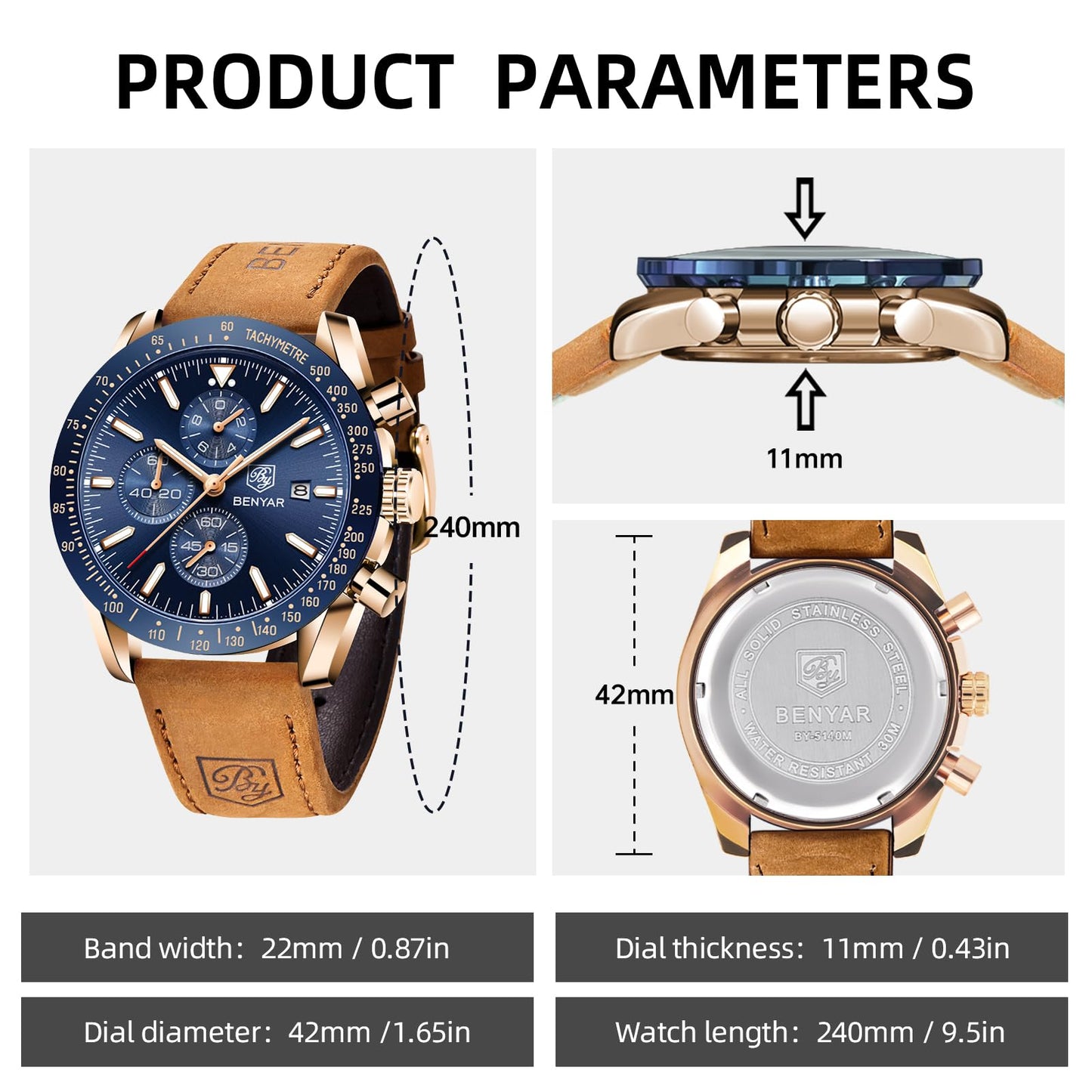 BY BENYAR Men's 45mm Chronograph Quartz Watch | Silicone Strap, Water Resistant