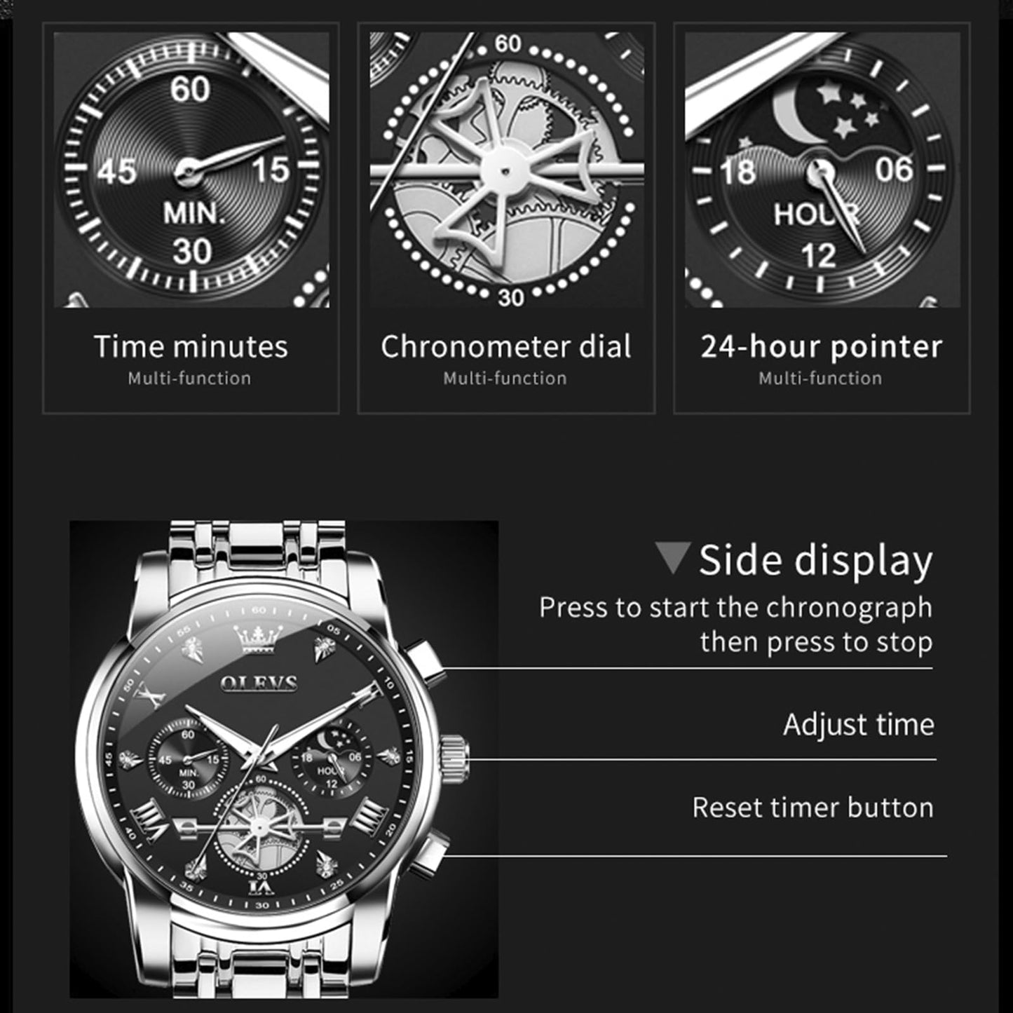 OLEVS Men's Big Face Luxury Quartz Watch 41mm Stainless Steel | Waterproof Luminous