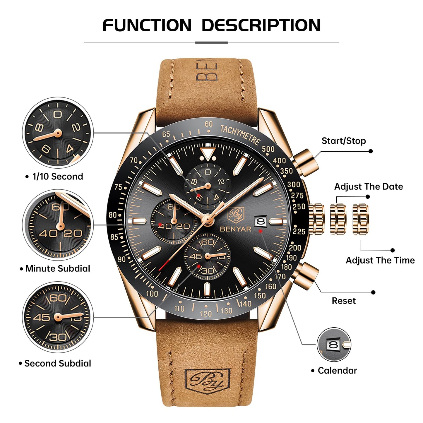 BY BENYAR Men's 45mm Chronograph Quartz Watch | Silicone Strap, Water Resistant