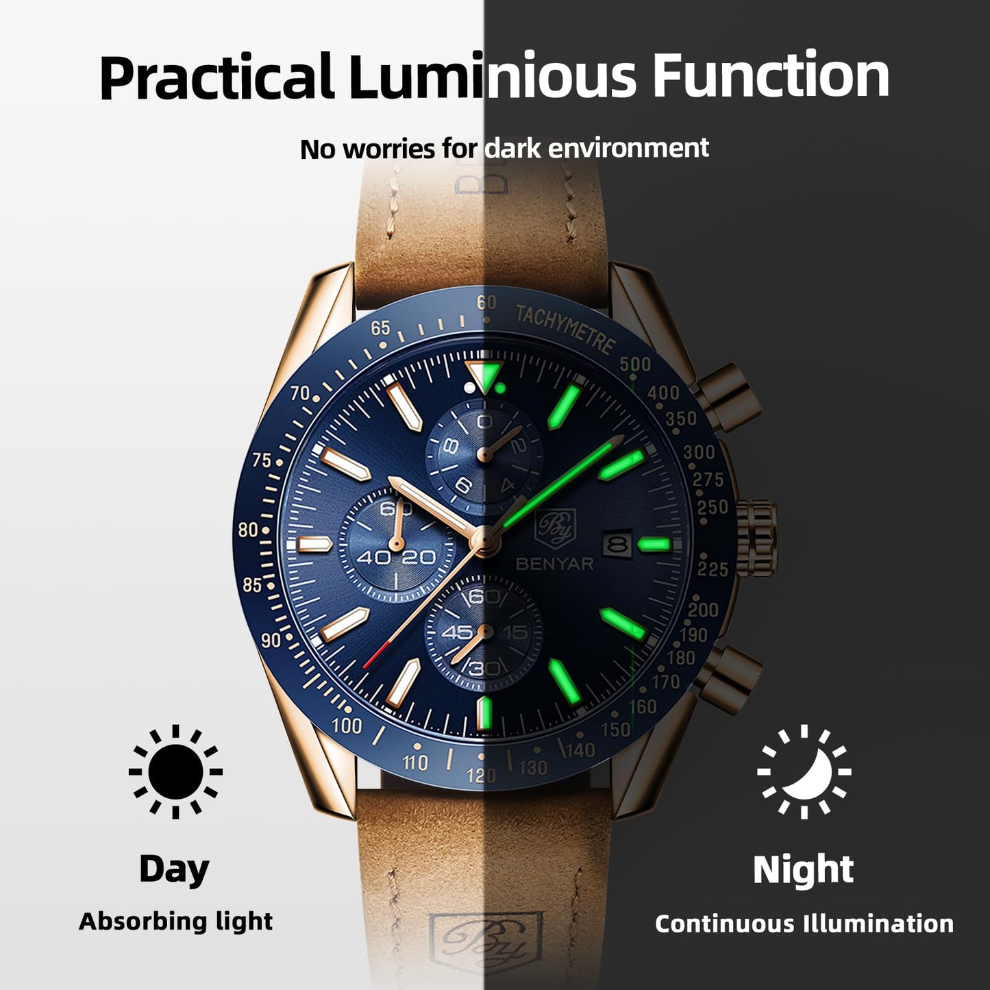 BY BENYAR Men's 45mm Chronograph Quartz Watch | Silicone Strap, Water Resistant