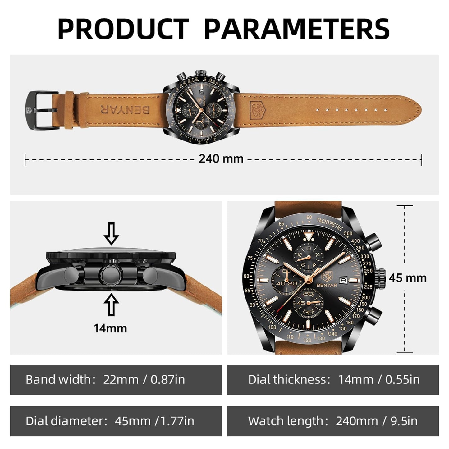 BY BENYAR Men's 45mm Chronograph Quartz Watch | Silicone Strap, Water Resistant