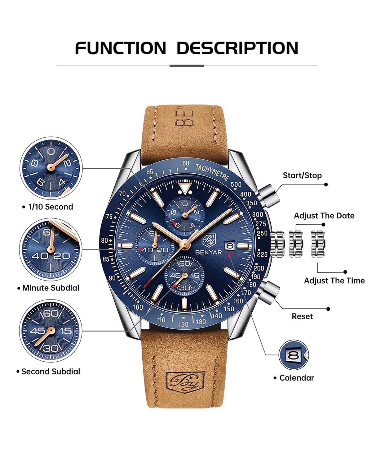 BY BENYAR Men's 45mm Chronograph Quartz Watch | Silicone Strap, Water Resistant