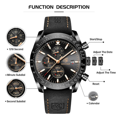 BY BENYAR Men's 45mm Chronograph Quartz Watch | Silicone Strap, Water Resistant