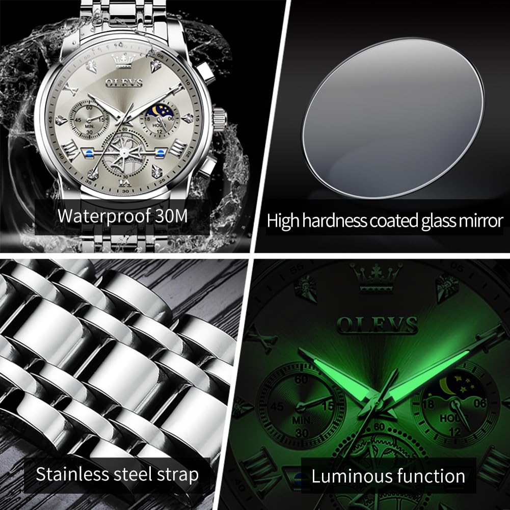 OLEVS Men's Big Face Luxury Quartz Watch 41mm Stainless Steel | Waterproof Luminous