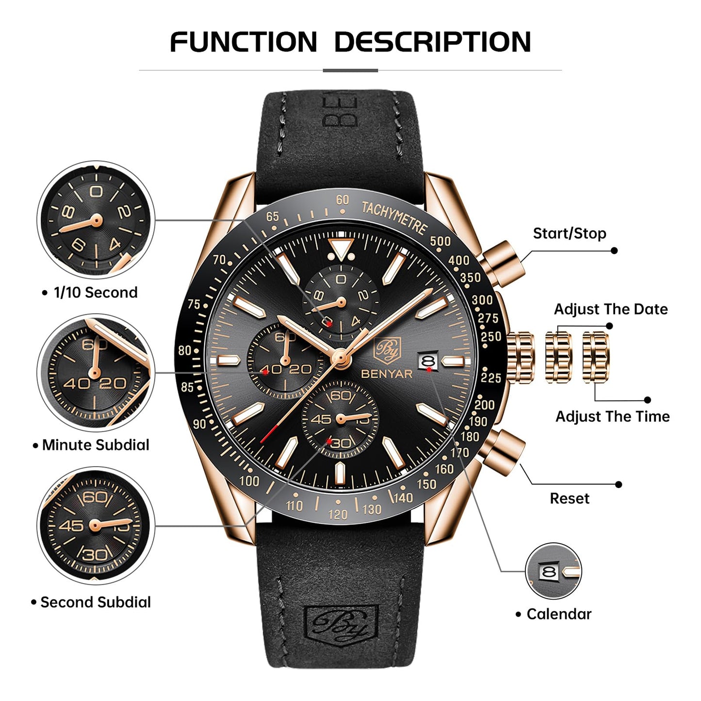 BY BENYAR Men's 45mm Chronograph Quartz Watch | Silicone Strap, Water Resistant