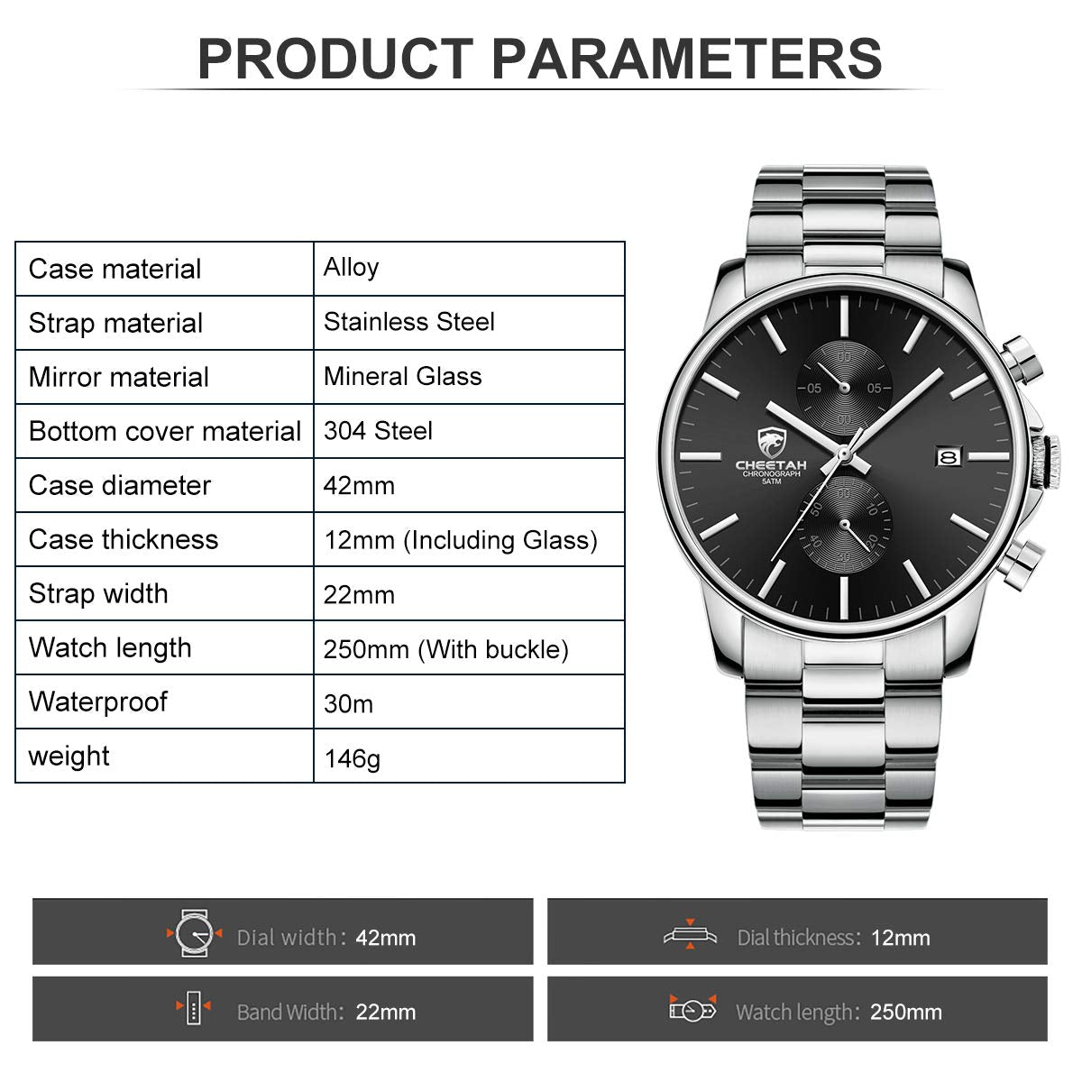 골든 아워 남성용 크로노그래프 스테인리스 쿼츠 시계 42mm | GOLDEN HOUR Business Watch