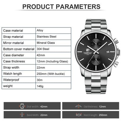 골든 아워 남성용 크로노그래프 스테인리스 쿼츠 시계 42mm | GOLDEN HOUR Business Watch