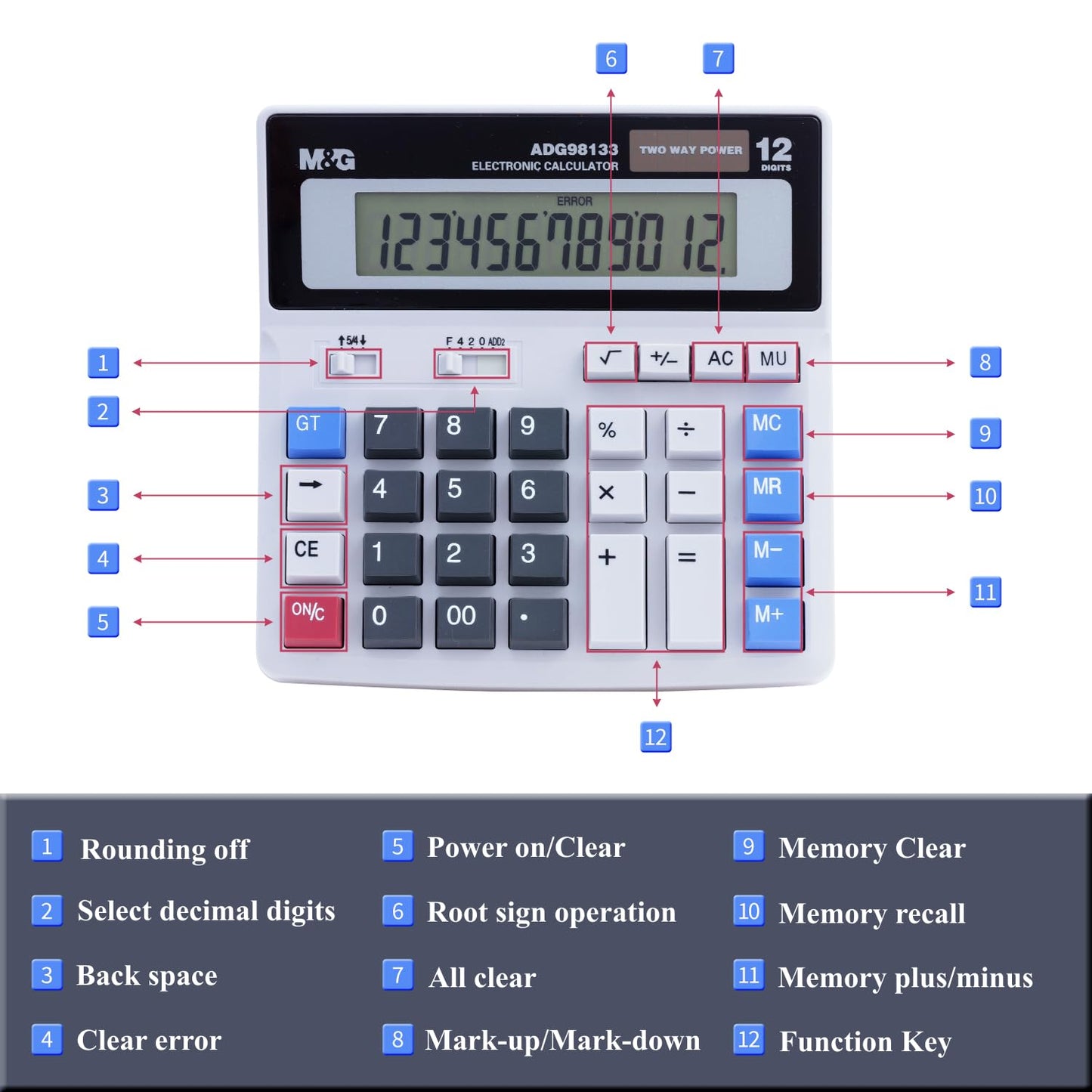 M&G 12자리 데스크 계산기 대형 LCD 듀얼 전원 블랙
