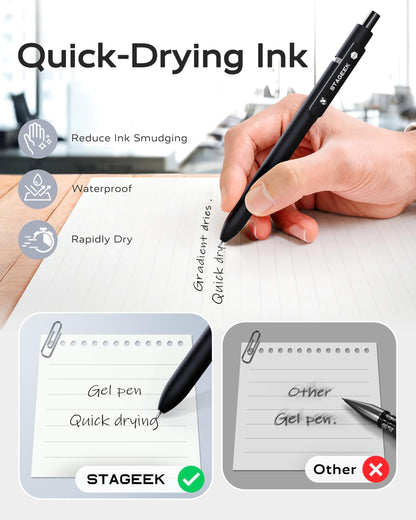 STAGEEK Black Gel Pen Set Fine Point Smooth Writing Pens 6 + 3 Refills 