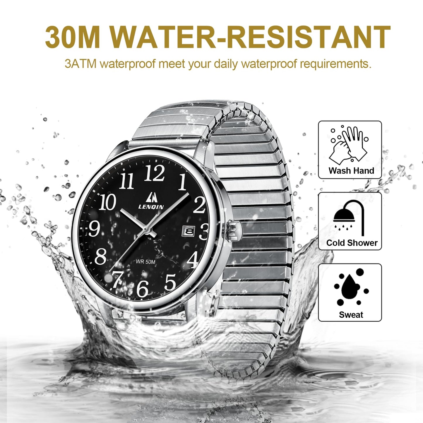 엘엔 렌친 남성용 38mm 스테인리스 쿼츠 시계 확장 밴드 | LN LENQIN Men’s Analog Watch