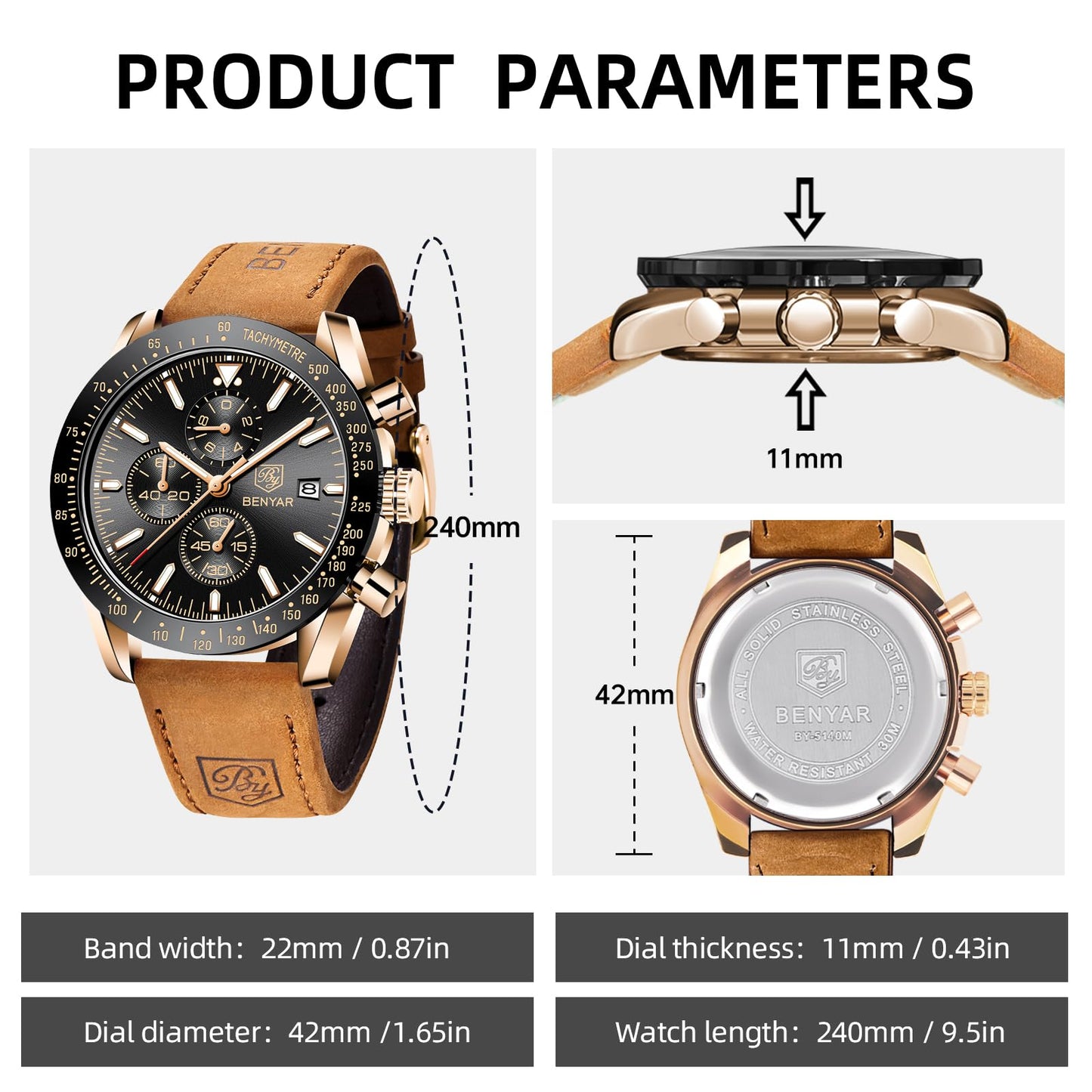 BY BENYAR Men's 45mm Chronograph Quartz Watch | Silicone Strap, Water Resistant