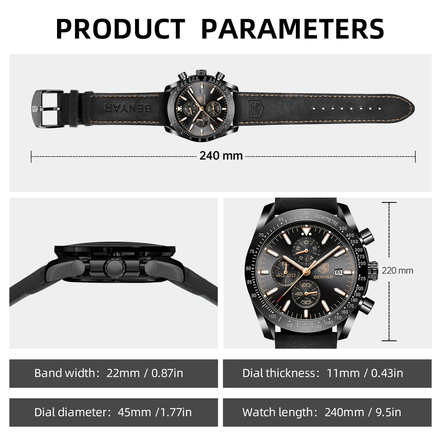 BY BENYAR Men's 45mm Chronograph Quartz Watch | Silicone Strap, Water Resistant