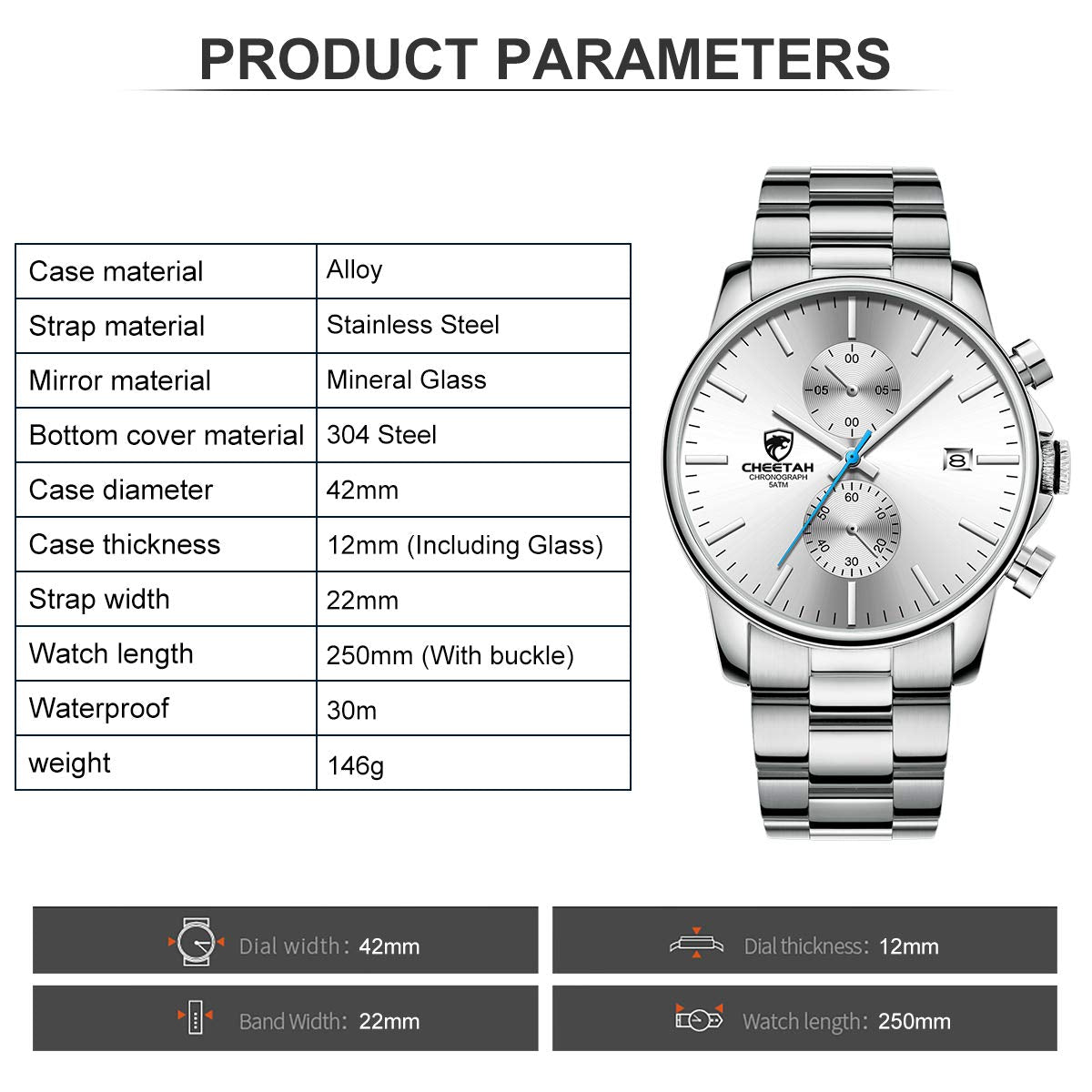 골든 아워 남성용 크로노그래프 스테인리스 쿼츠 시계 42mm | GOLDEN HOUR Business Watch