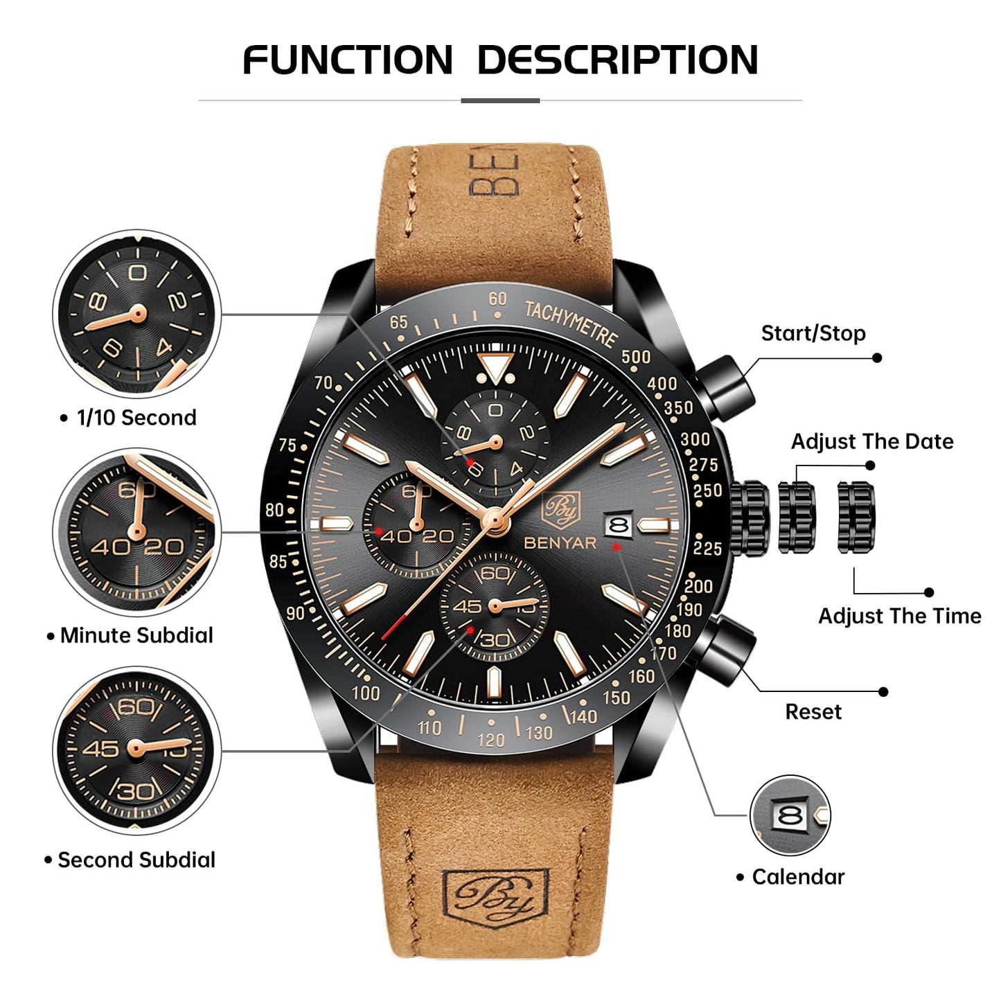 BY BENYAR Men's 45mm Chronograph Quartz Watch | Silicone Strap, Water Resistant
