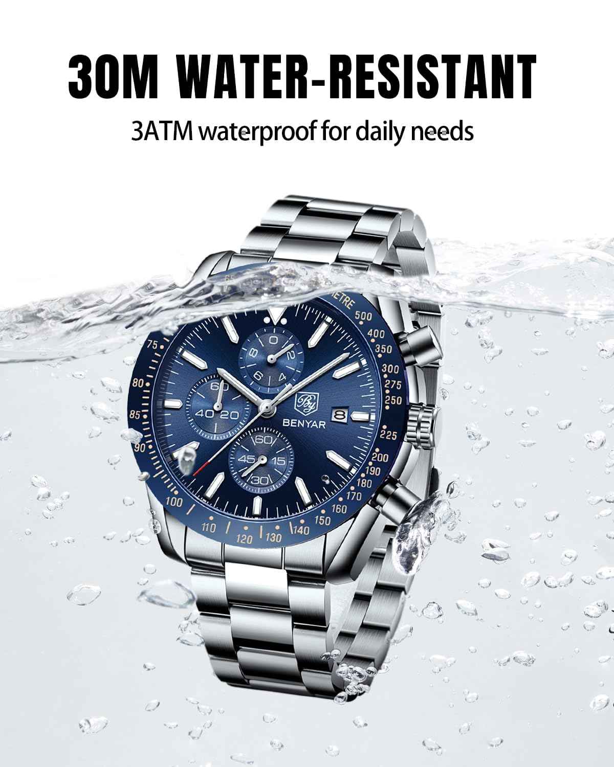 BY BENYAR Men's 45mm Chronograph Quartz Watch | Silicone Strap, Water Resistant