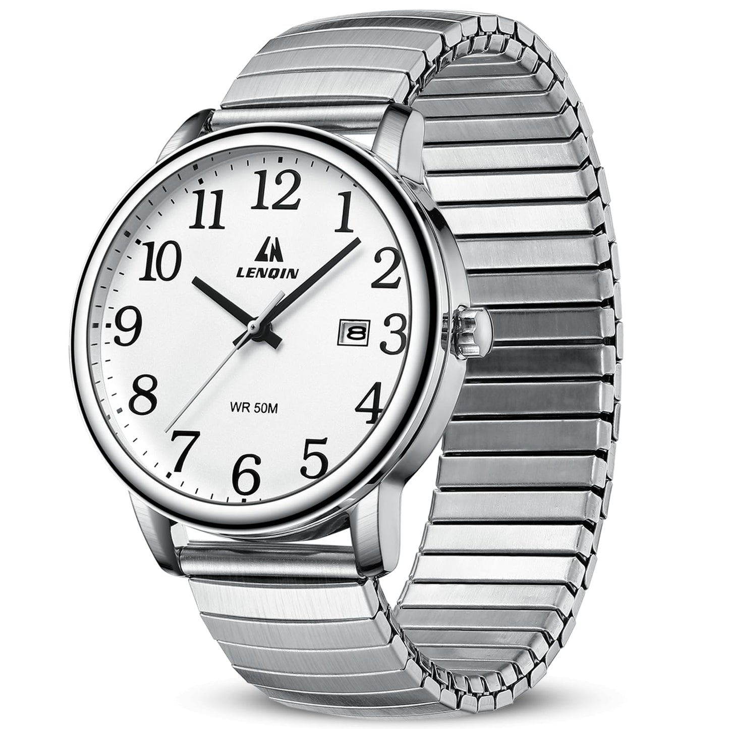 LN LENQIN Mens 38mm Stainless Steel Quartz Watch Expansion Band Easy Reader